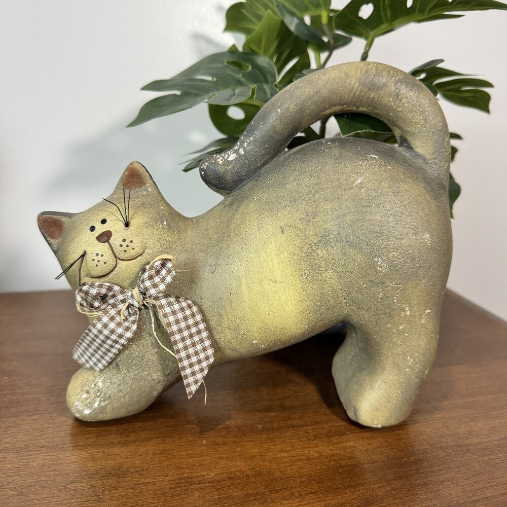 Charming Distressed Green Cat Figurine Sculpture Bow Accent Folk Art